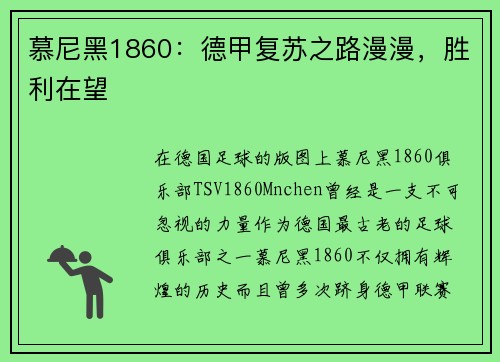 慕尼黑1860：德甲复苏之路漫漫，胜利在望