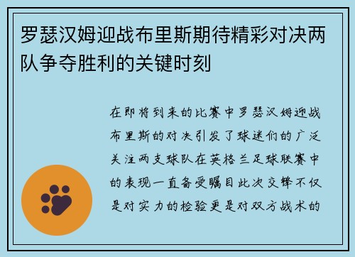 罗瑟汉姆迎战布里斯期待精彩对决两队争夺胜利的关键时刻